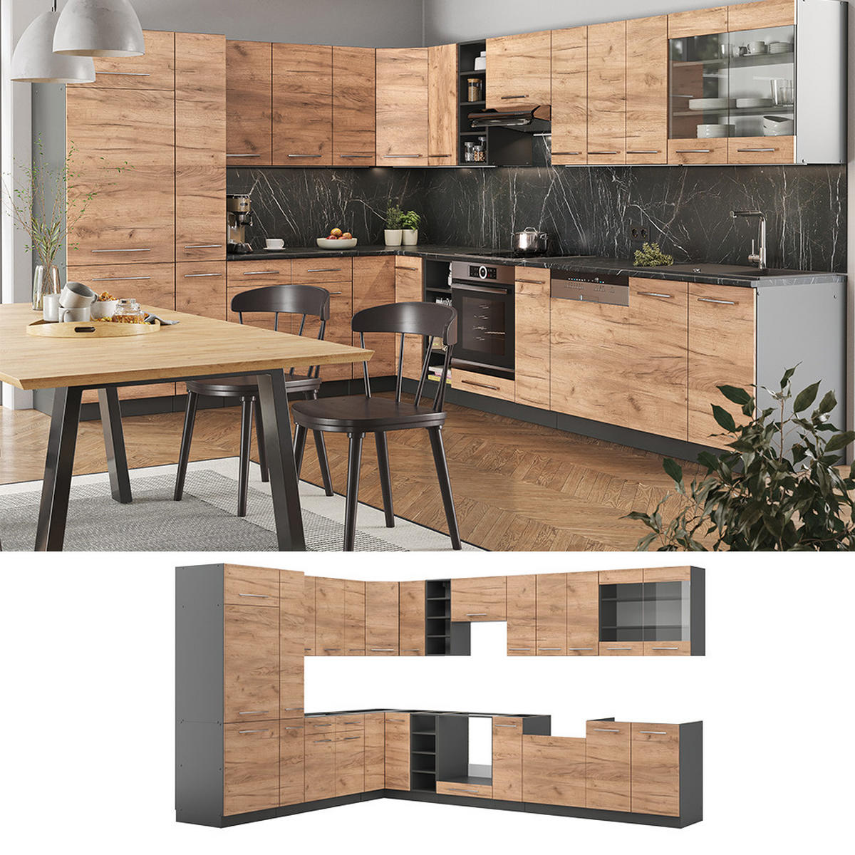 ECKKÜCHE Fame-Line Goldkraft Eiche/Anthrazit 347 x 257 cm ohne AP - Anthrazit/Eiche Wotan, Holzwerkstoff (347/81.6/46cm) - Vicco