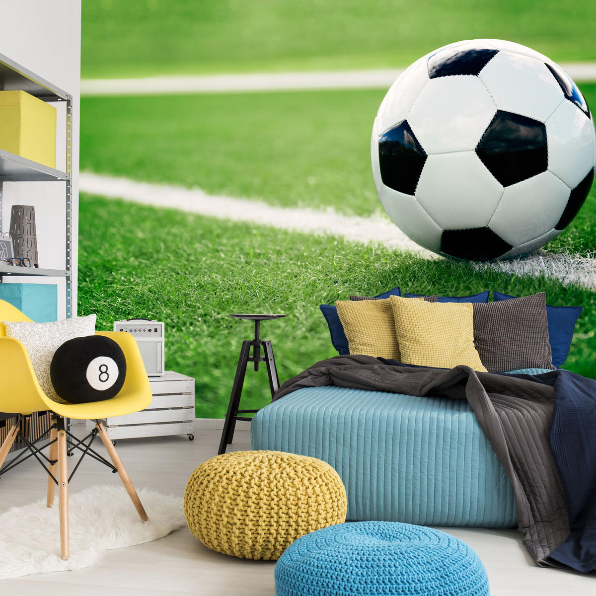 FOTOTAPETE für Jugendzimmer Fußball Grüne Rasen Stadion Sport 300x210 - Schwarz/Weiß, Papier (300/210cm) - Muralo