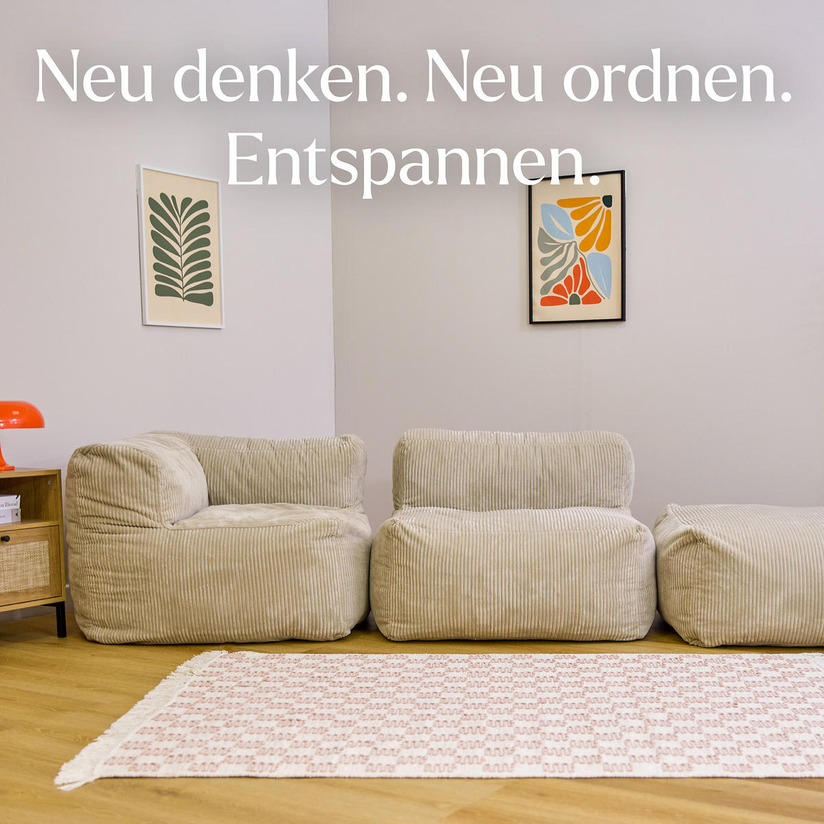 SITZSACK-SOFA 3-tlg. ZEN: Ecksessel, Sessel, Fußstütze - Beige, Textil (550/68/100cm) - icon