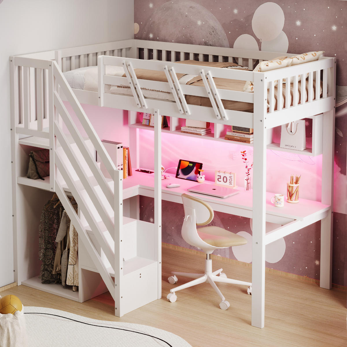 HOCHBETT 90/200 cm in Weiß Kinderbett mit Aufbewahrungstreppe, Schreibtisch, LED und Steckdosen - Weiß, Holz (90/200cm) - STILVORA