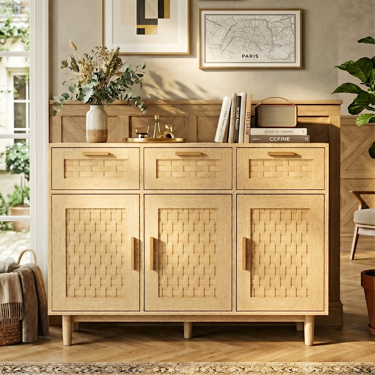 SIDEBOARD Japandi mit 3 Türen & 3 Schubladen 108/40/80 cm Eiche-Dekor - Eichefarben, Holzwerkstoff (107.9/80/40cm) - Creahappy