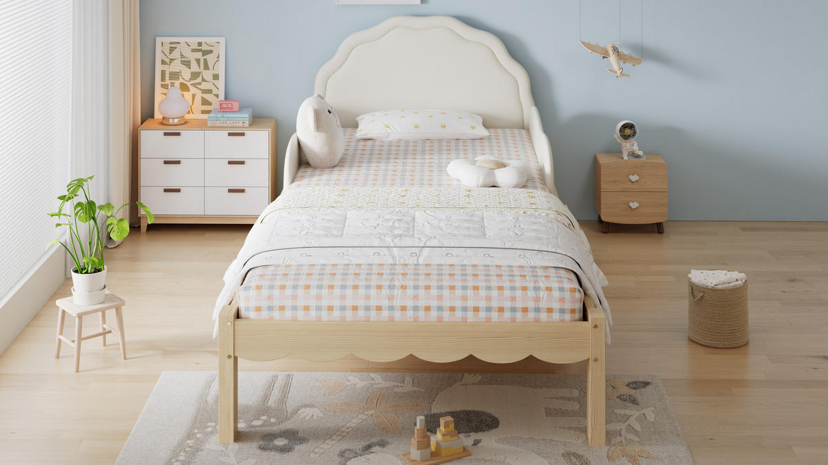 BETT 90/200 cm DE-32727 mit PU-Kopfteil und Seitengittern Beige - Naturfarben, Holz (90/200cm) - ComfortXL