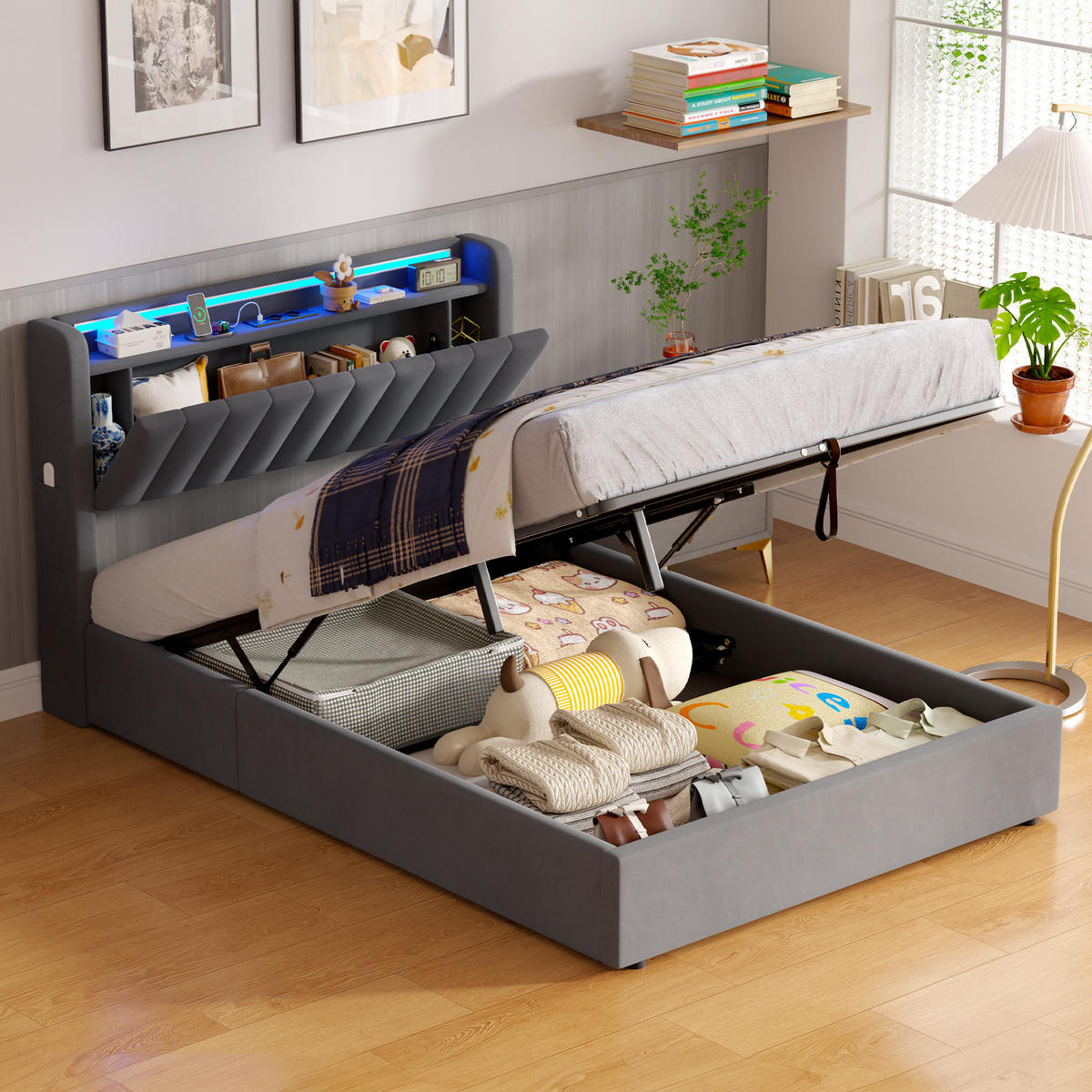 POLSTERBETT 140/200 cm aus Samt mit Bettkasten LED Beleuchtung und USB Anschlüssen - Grau, Textil (140/200cm) - BEAOK