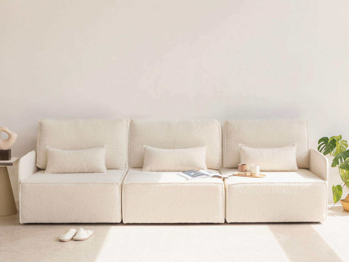 3-SITZER-SOFA Chaiselongue bezogen Bouclé und Kiefernholz Schneeweiß LEA - Weiß, Textil (278/87/90cm) - RNT By Really Nice Things