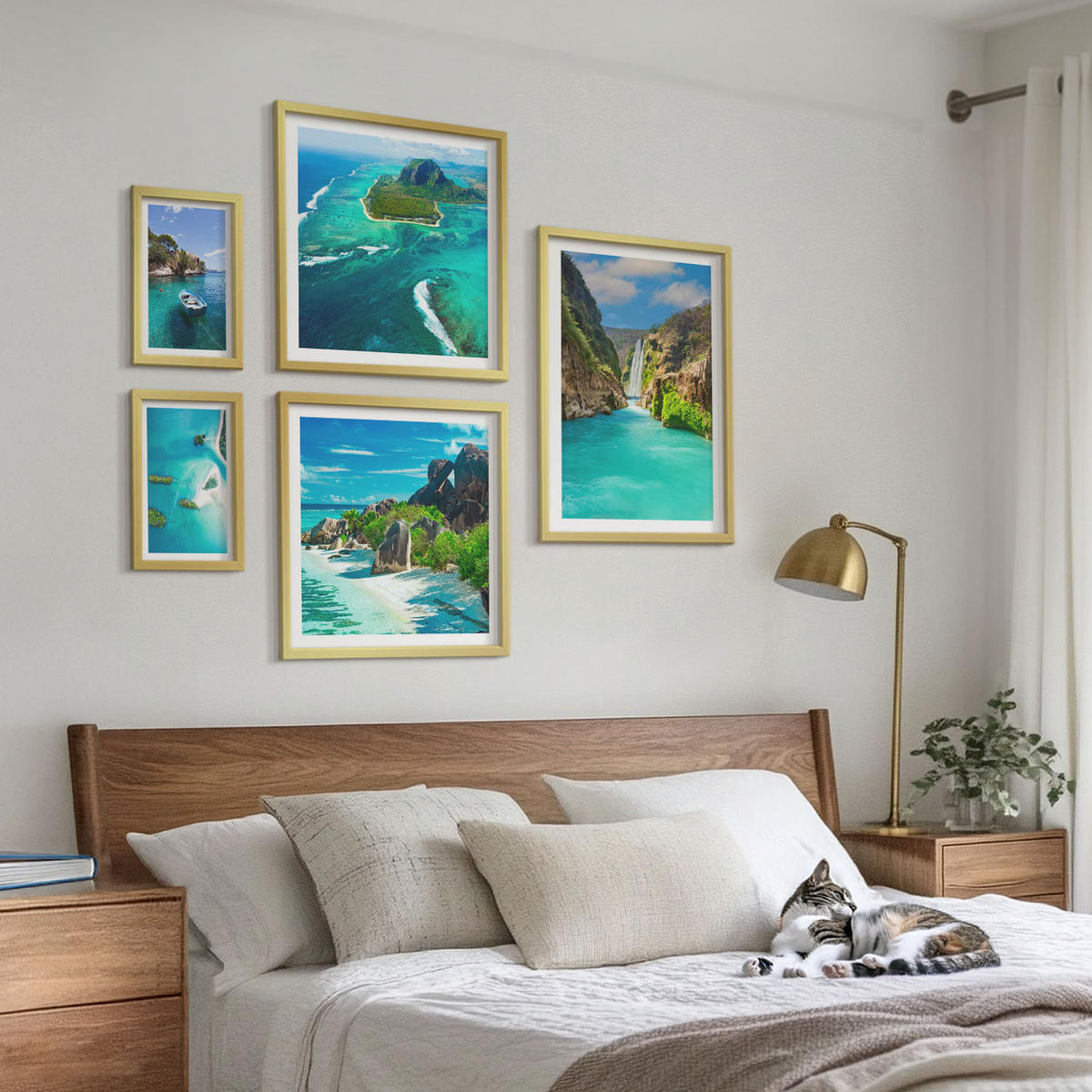 WANDBILDER 5er Set - 50x50 cm & 20x30 cm & 40x60 cm Goldrahmen - Seeboote Hirsche Berge - Goldfarben, Kunststoff (40/60cm) - ArtPrintCave