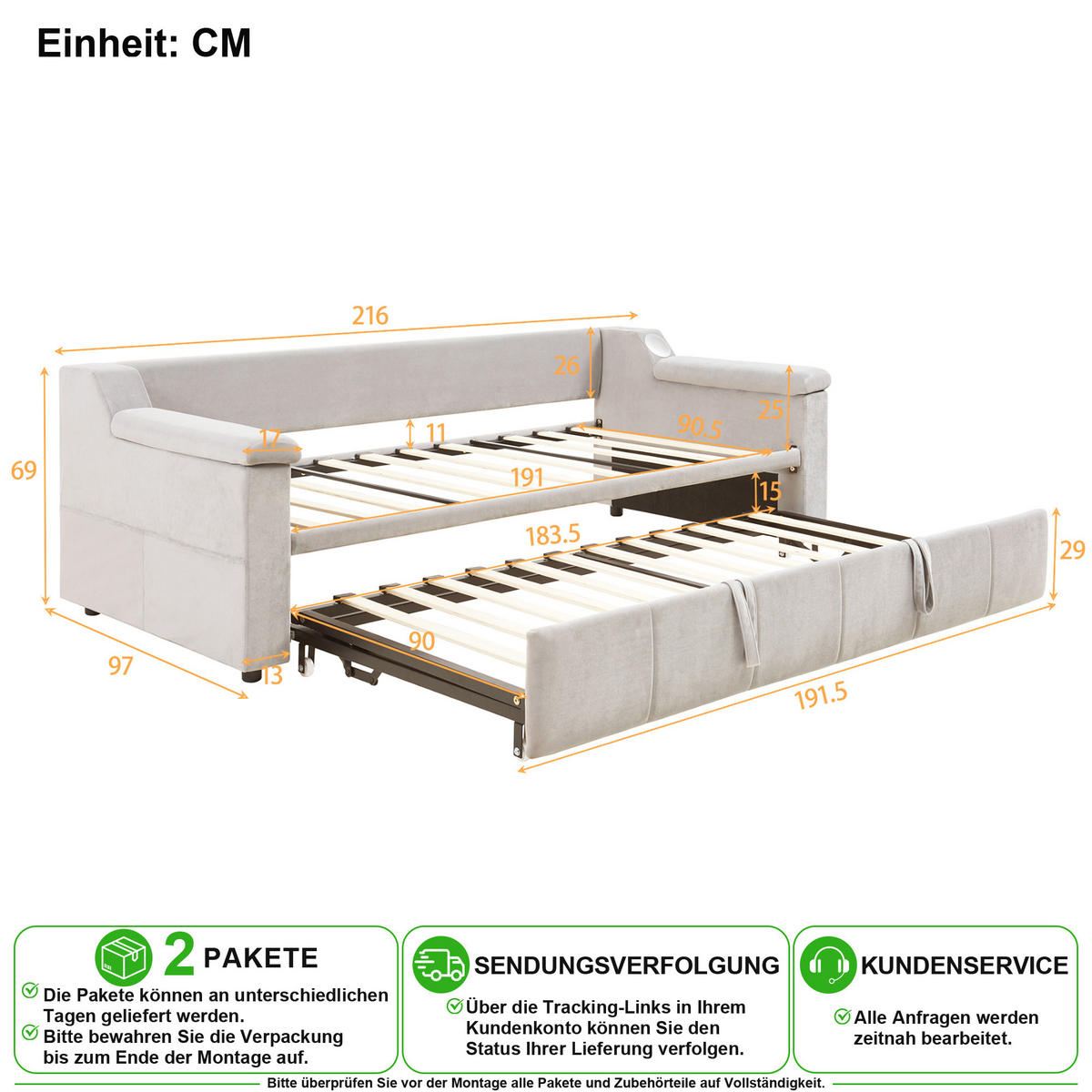 SCHLAFSOFA 90/190 cm & 180/190 cm in Beige Samt mit USB, Bluetooth und Ablagefächern - Beige, Holzwerkstoff/Textil (90/190cm) - CHICFURN