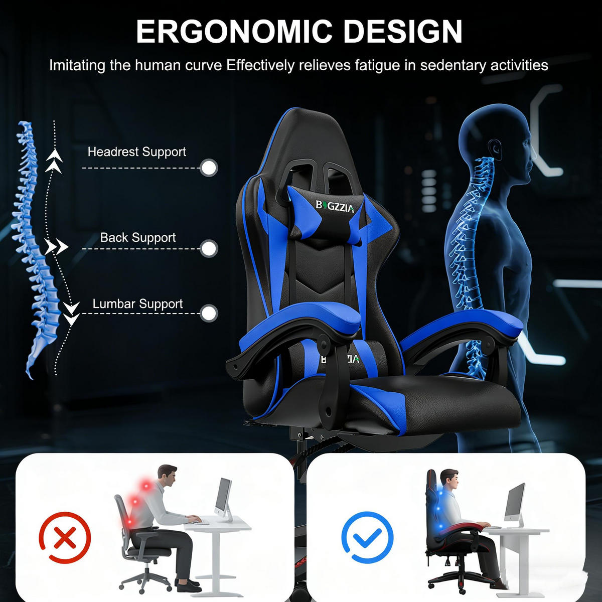 GAMINGSTUHL Schwarz-Blau mit Bluetooth Lautsprechern ergonomisch höhenverstellbar - Blau, Metall (66/124/58cm) - Rattrix