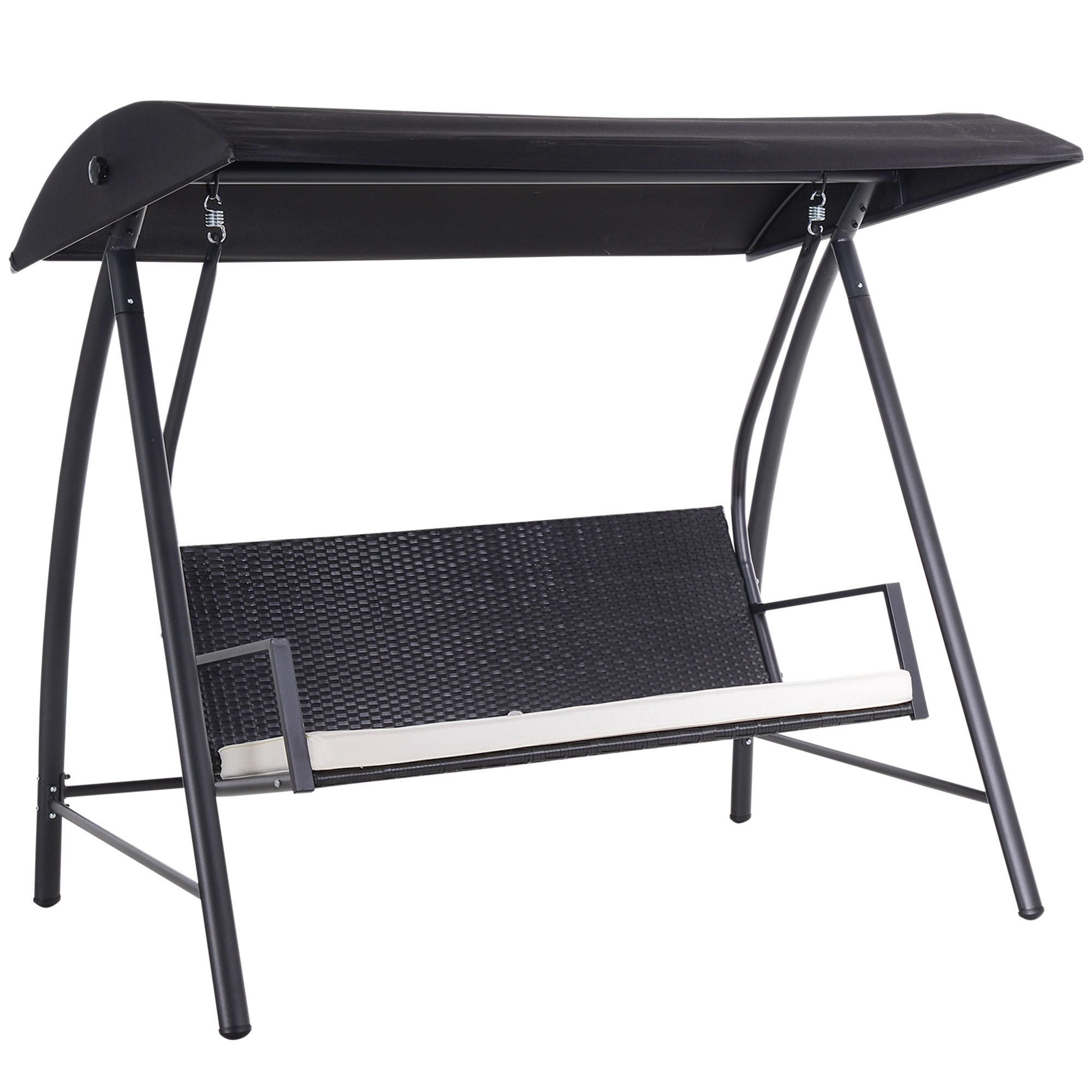 HOLLYWOODSCHAUKEL, mit Dach, Polyrattan+Metall, Schwarz, 198 x 124 x 179 cm - Schwarz, Metall (124/179/198cm) - Outsunny