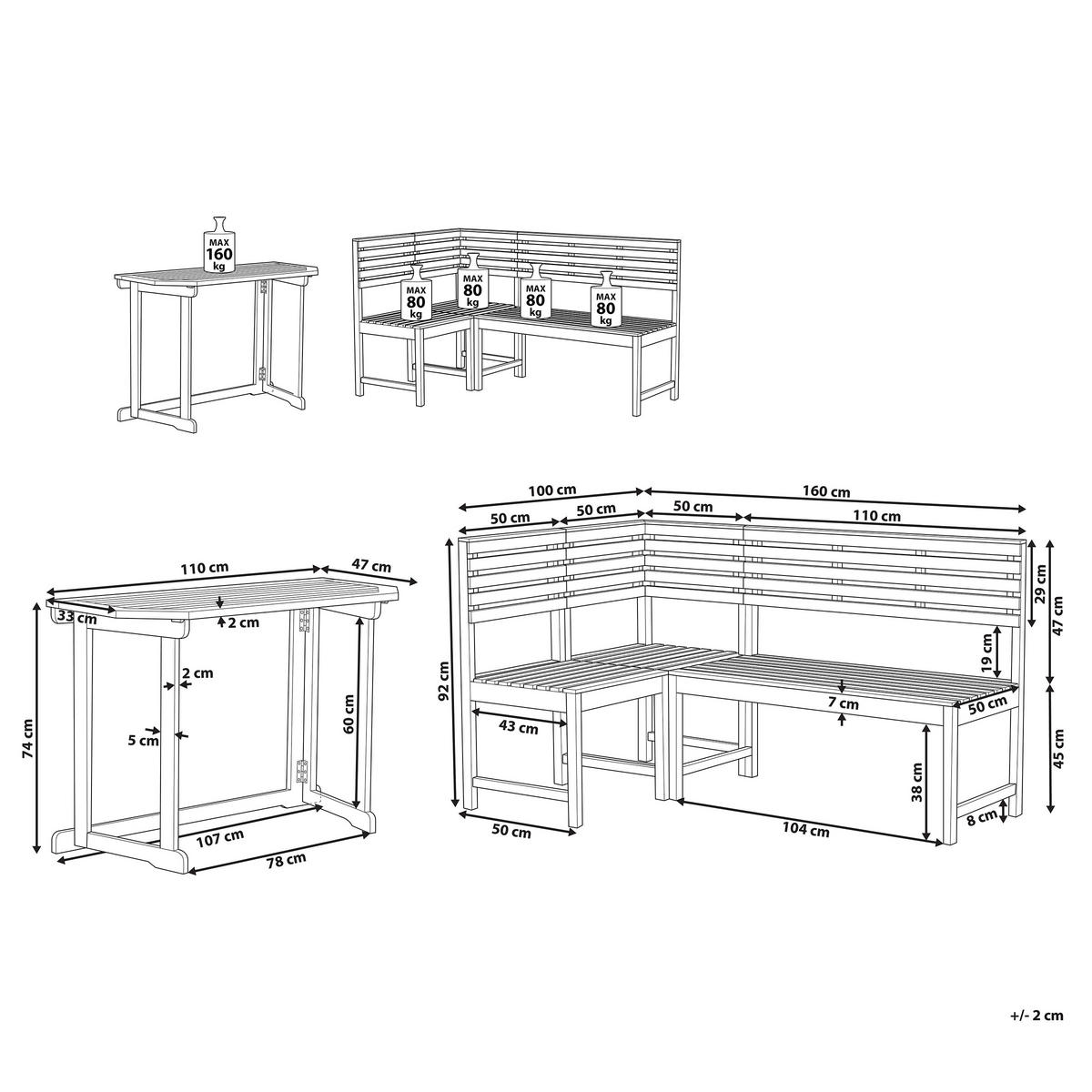 BALKON ECKBANK SET 4-teilig Akazienholz hellbraun modular Treia - Hellbraun, Holz - Beliani