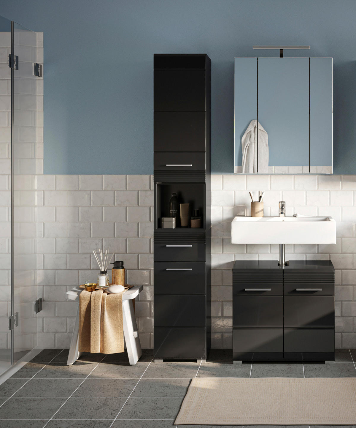 BADMÖBEL-SET in schwarz Hochglanz, 3-teilig 105 cm, Badkombination - Schwarz, Glas/Holzwerkstoff (105/182/34cm) - Inn.Furn