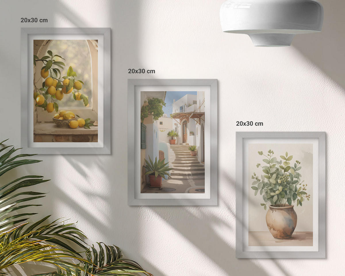 WANDBILDER 3er Set - 20x30 cm Silberner Rahmen - Zitronen in einer Pflanzenvase - Silberfarben, Kunststoff (20/30cm) - ArtPrintCave