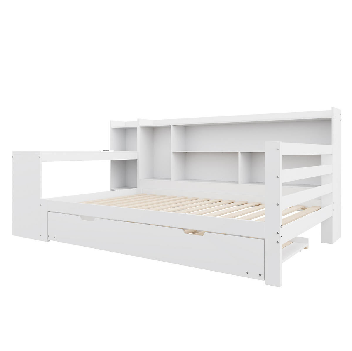 MULTIFUNKTIONSBETT 90/200 cm mit Ausziehbett, Schreibtisch, Regalen und Steckdose, Weiß - Weiß, Holzwerkstoff (90/200cm) - Redom