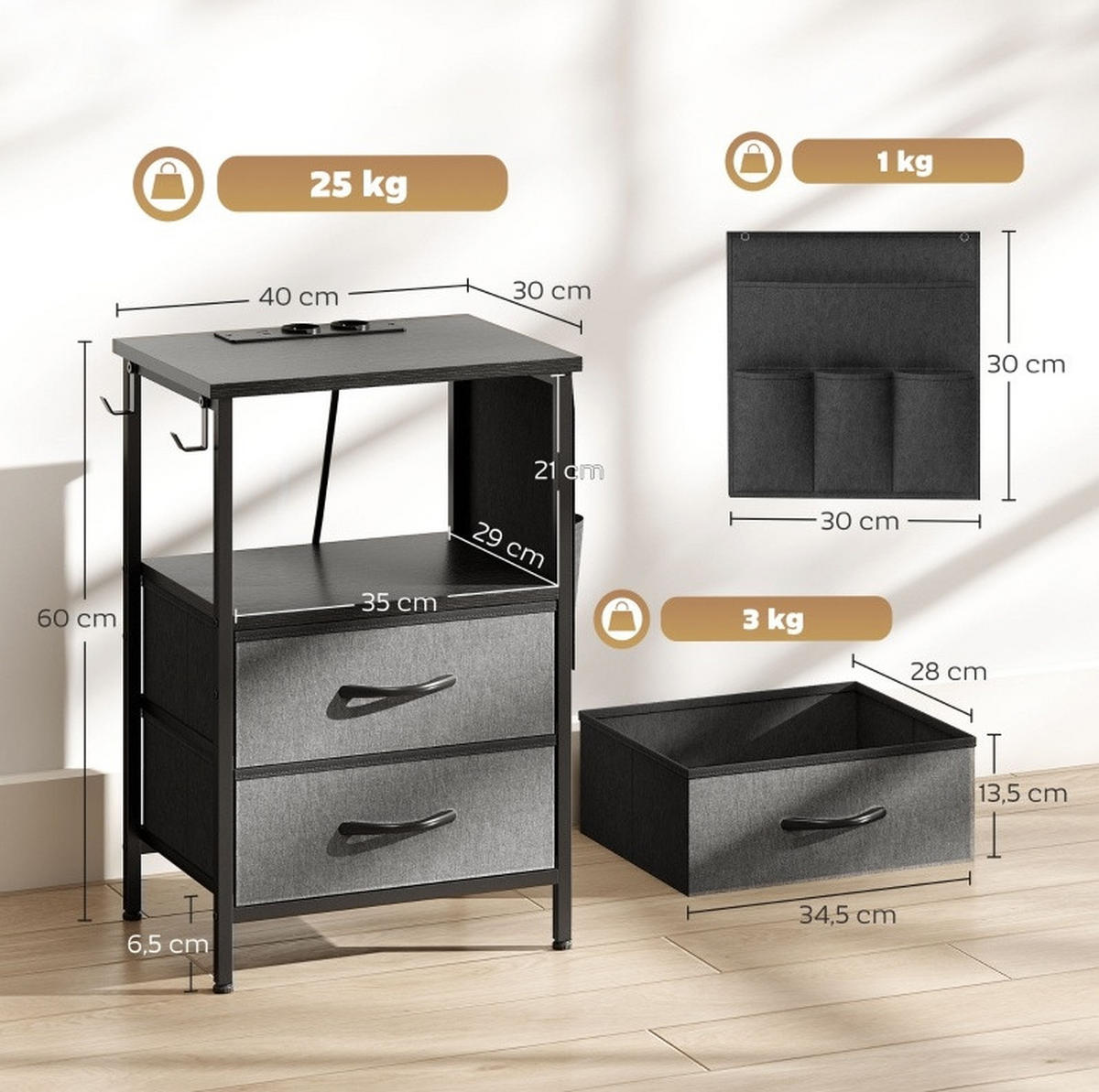 BEISTELLTISCH 40/60/30 cm Schwarz aus Holz mit Ladestation - Schwarz, Holz (40/30/60cm) - OKMYHOME