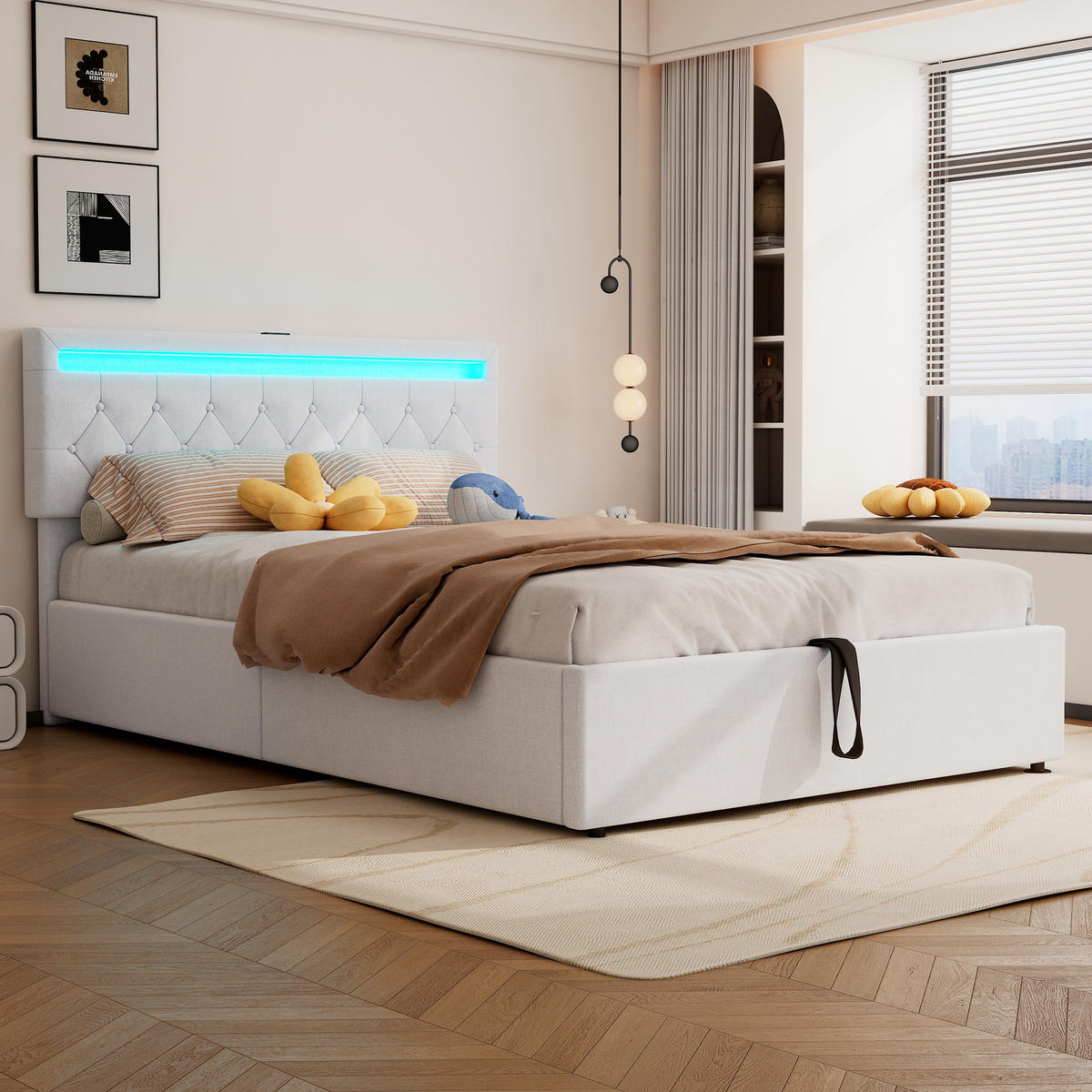 FLACHBETT 140x200cm Weiß gepolstert LED Hydraulik USB-C Stauraum - Weiß, Holz (140/200cm) - FLIEKS