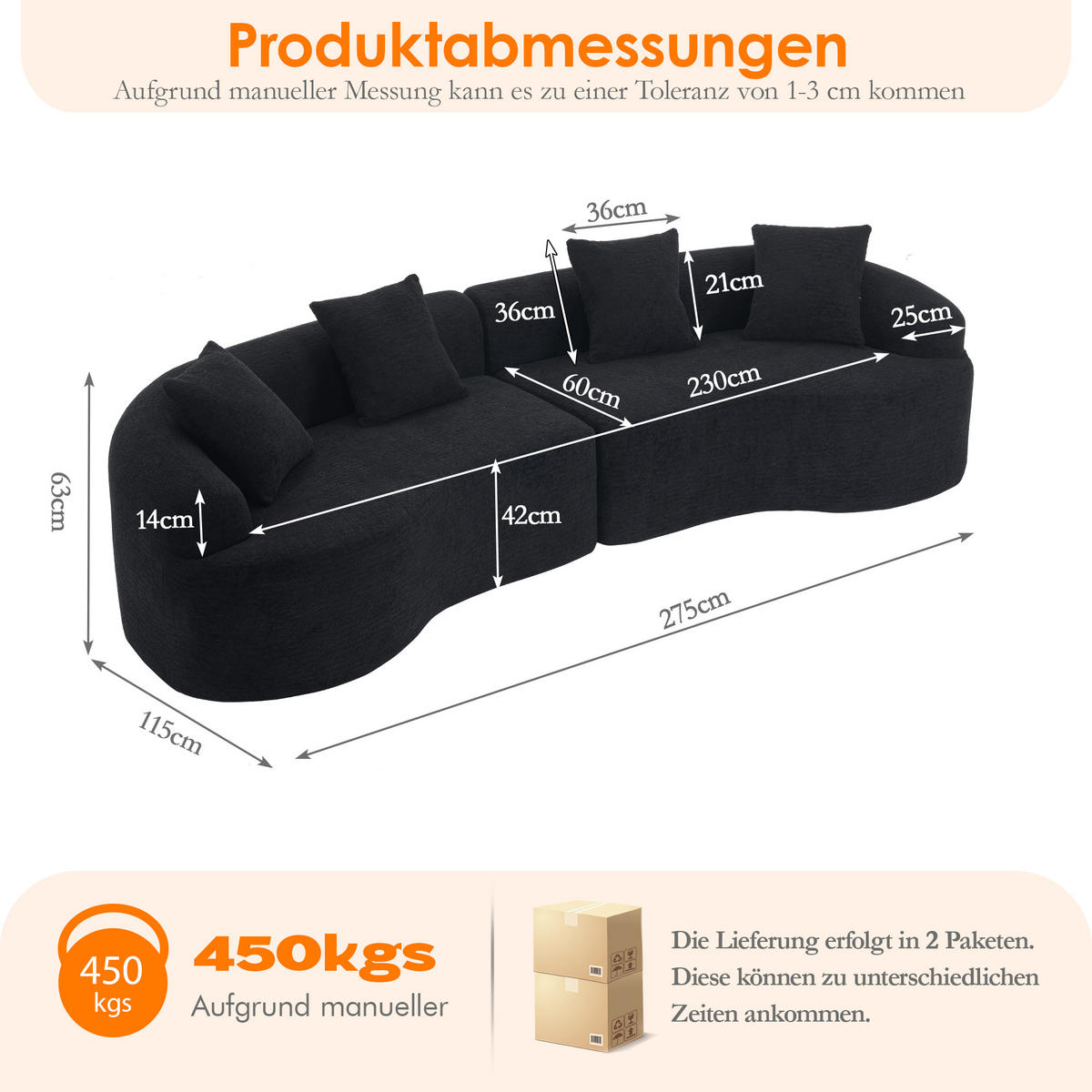 ECKSOFA 275/115/63 cm Schwarz Chenille - Schwarz, Textil (275/115cm) - Oxeza