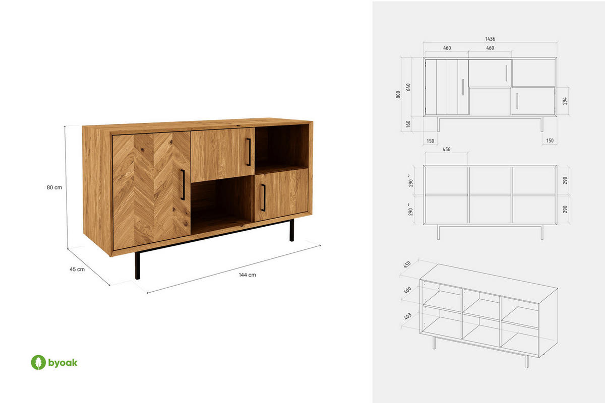 KOMMODE BREIT LEON Wildeiche - Wildeiche, Holz (144/80/45cm) - byoak