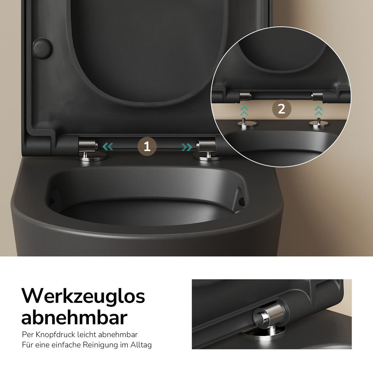 WAND-WC Set 49 x 36,5 cm inkl. WC-Sitz mit Absenkautomatik schwarz matt - Schwarz, Keramik (36.5/36/49cm) - EMKE