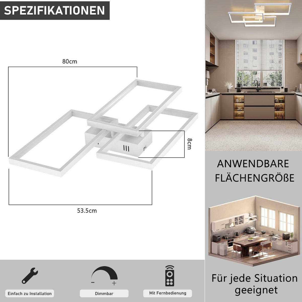 LED-DECKENLEUCHTE Lia 80/54/8 cm - Weiß, Metall (80/53.5/8cm) - ZMH