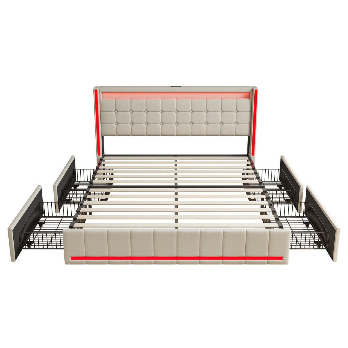 POLSTERBETT 180/200 cm, Stauraumbett mit 4 Schubladen, LED und USB-Ladefunktion Typ C, Beige - Beige, Holzwerkstoff (180/200cm) - Brevoria