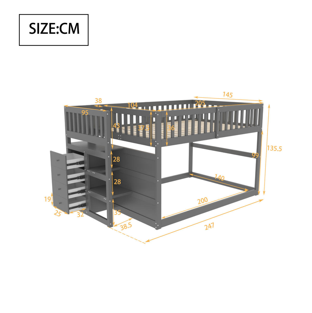 ETAGENBETT 140/200 cm mit Sicherheitstreppe und 4 Schubladen, Grau - Grau, Holzwerkstoff (140/200cm) - Redom