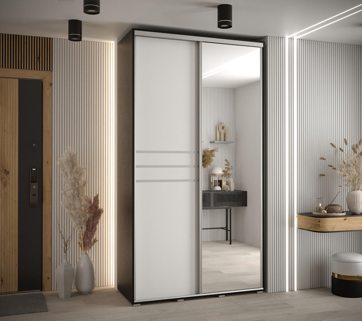 SCHWEBETÜRENSCHRANK 235,2/130/60 2-türig - Silberfarben/Schwarz, Holz/Metall (130/235/60cm) - Abiks Möbel