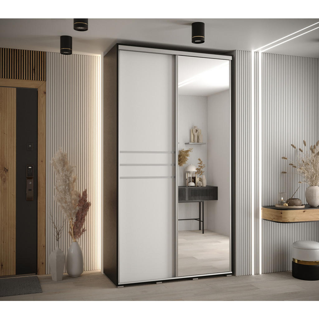 Thumbnail - Abiks Möbel Schwebetürenschrank, Schwarz, Weiß, Silber, Metall, Nachbildung, 6 Fächer, 140x235x60 cm, Schlafzimmer, Klei...