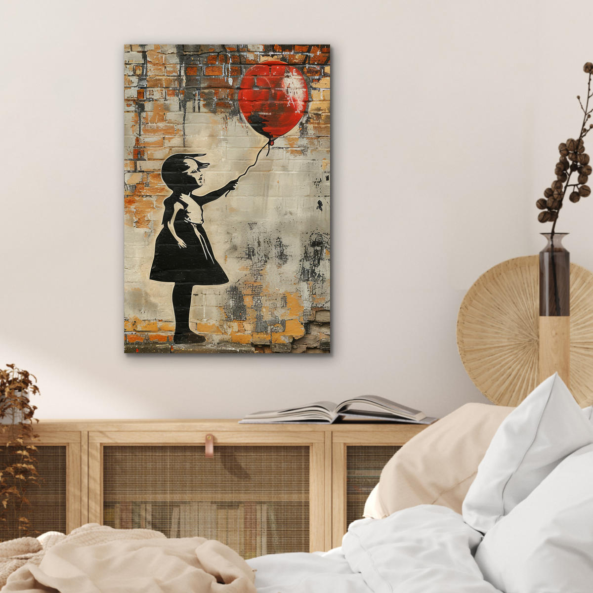METALLBILD Graffiti - Banksy - Mädchen - Straßenkunst 40x60 cm - Sandfarben, Metall (40/60cm) - MuchoWow