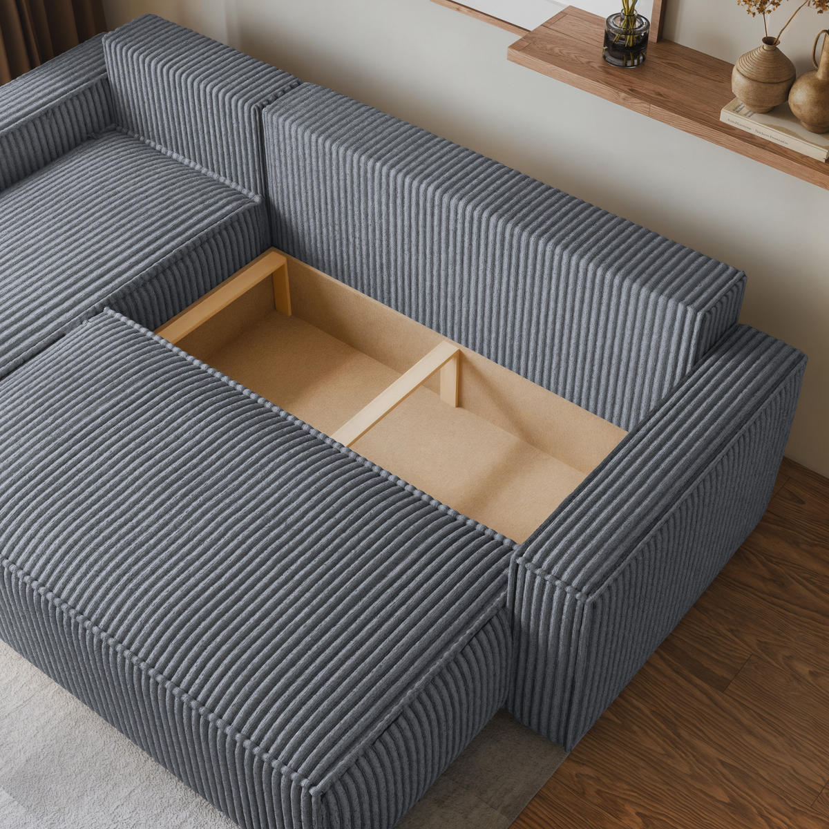 ECKSOFA RAVELO T Grau Kordstoff mit Schlaffunktion - Grau, Holz (240/140cm) - MASSENO