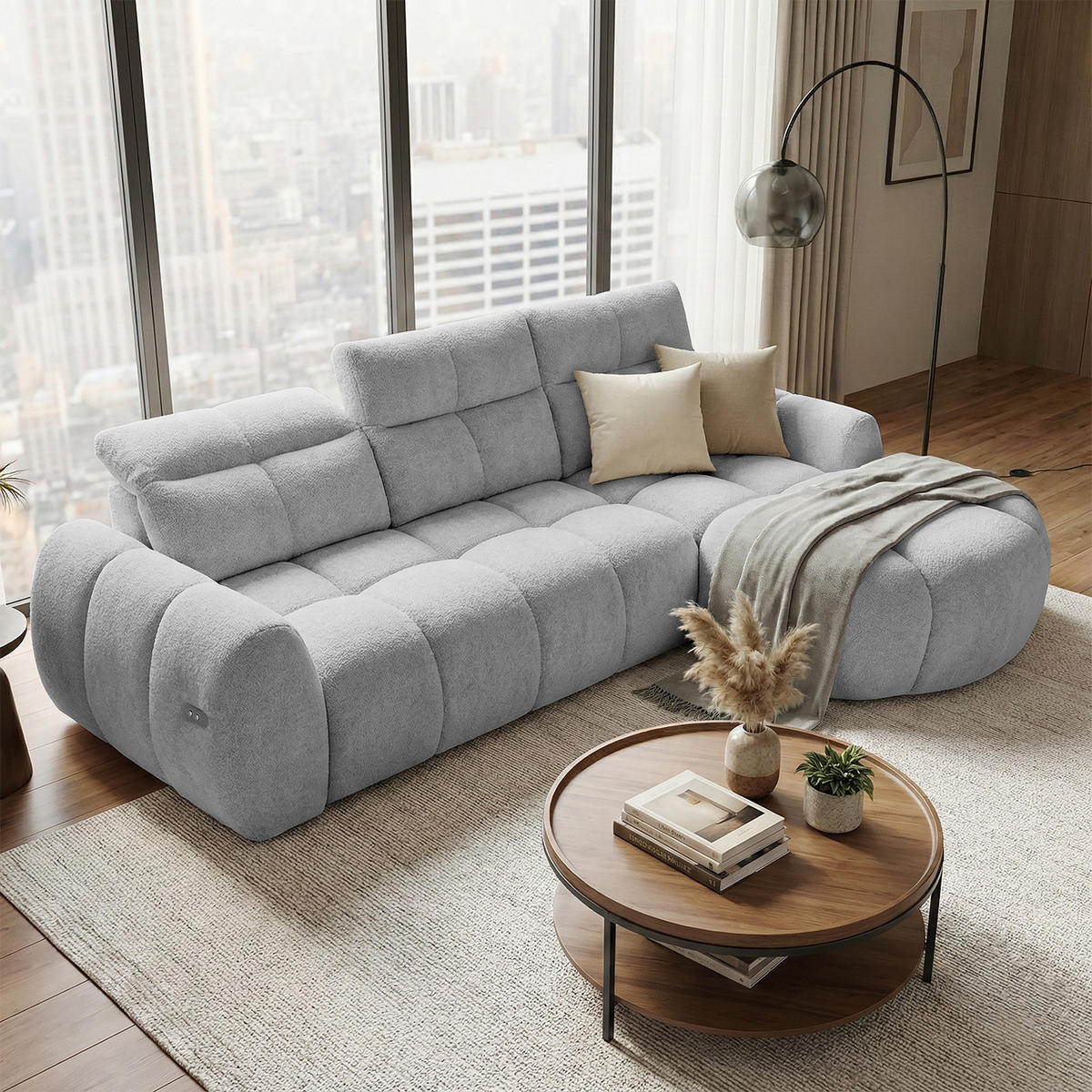 ECKSOFA Sorel Mini mit Automatisch verstellbarer Sitztiefe und Kopfstützen, rechts, Hellgrau - Hellgrau, Textil (275/190cm) - Beautysofa