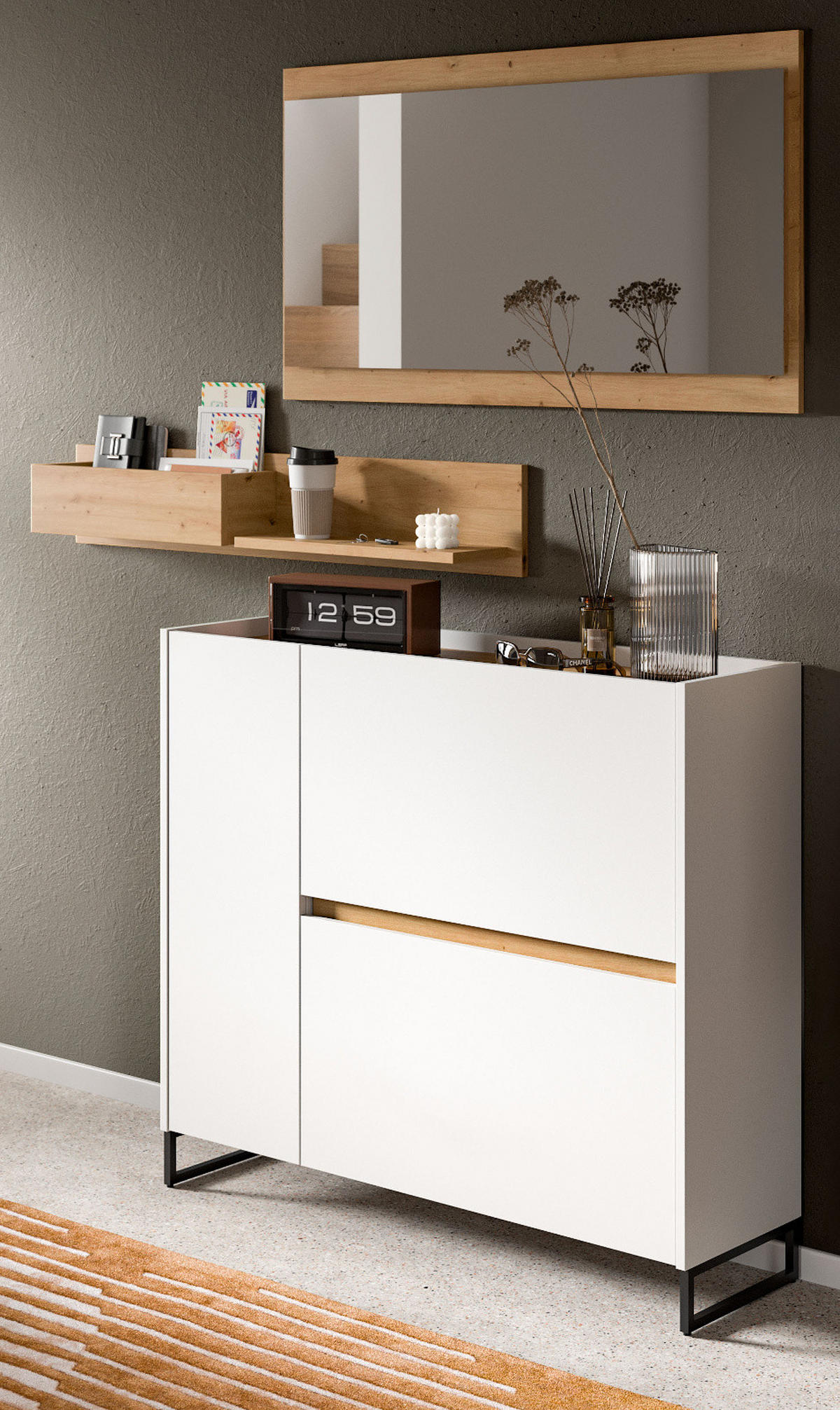 GARDEROBE-SET weiß und Artisan Eiche, Garderobe 3-teilig, 140 x 192 cm, Soft-Close, Borga - Schwarz/Weiß, Holzwerkstoff/Metall (140/192/32cm) - Inn.Furn