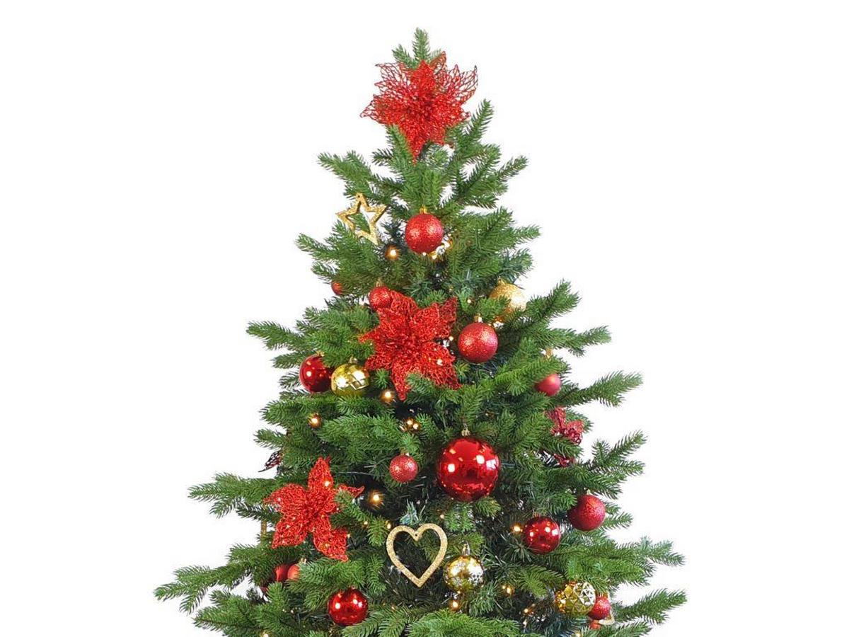 WEIHNACHTSBAUM künstlicher 150 cm, WEIHNACHTSSTERNE, mit 106-teiligem Weihnachtsbaumschmuck, inkl. Metallständer und Aufbewahrungsbox - Rot/Goldfarben, Kunststoff/Metall (104/150cm) - LAALU
