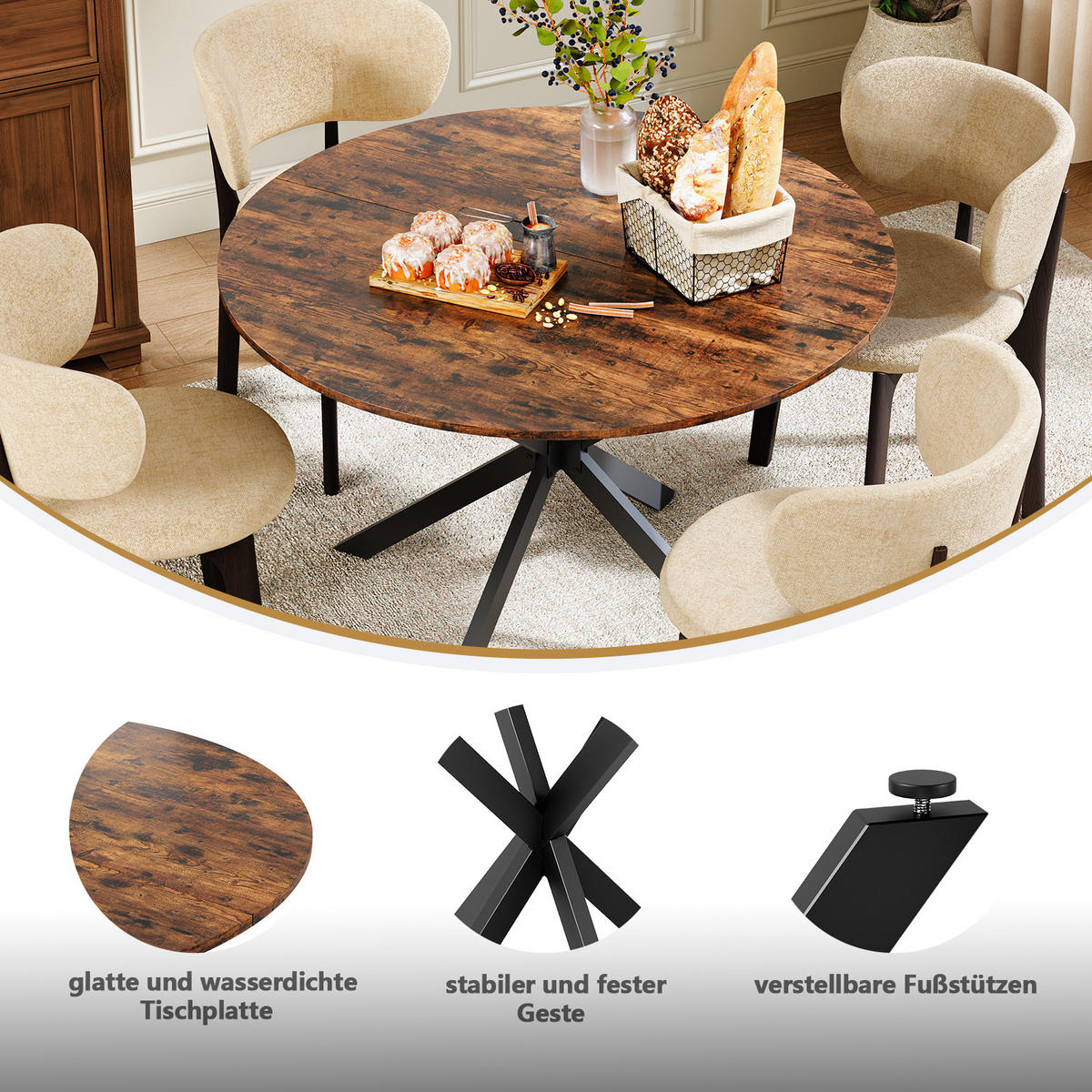 ESSTISCH 120/120/76 cm schwarz braun aus Eisen mit höhenverstellbaren Füßen - Schwarz, Holzwerkstoff (120/120/78cm) - OKWISH