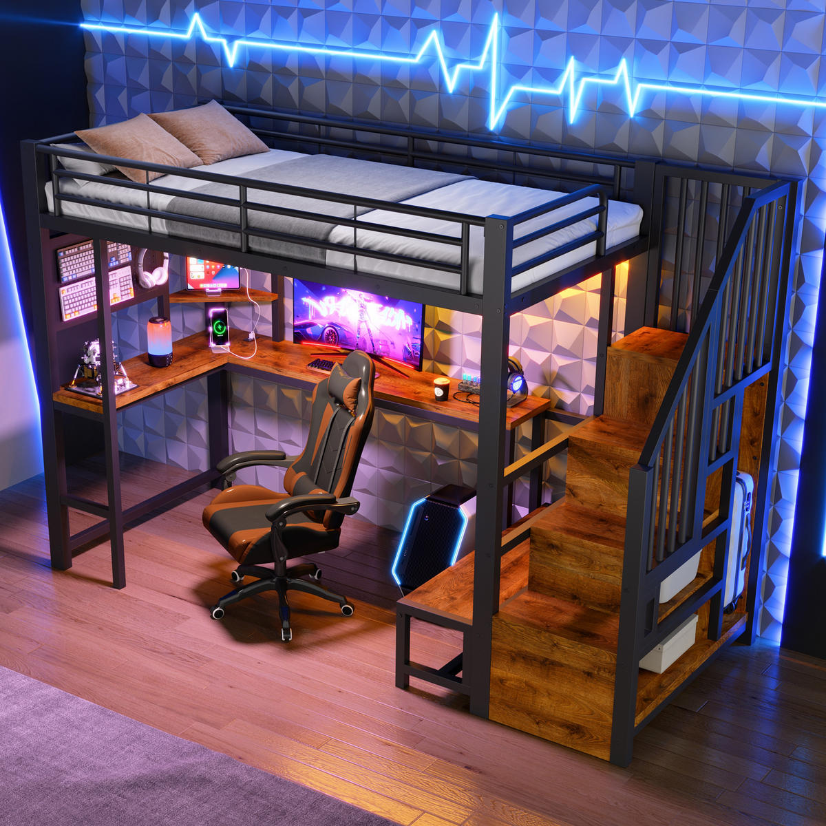 HOCHBETT 90/200 cm Schwarz mit Schreibtisch, trapezförmiger Schrank und LED-Beleuchtung - Schwarz, Metall (90/200cm) - Oxeza