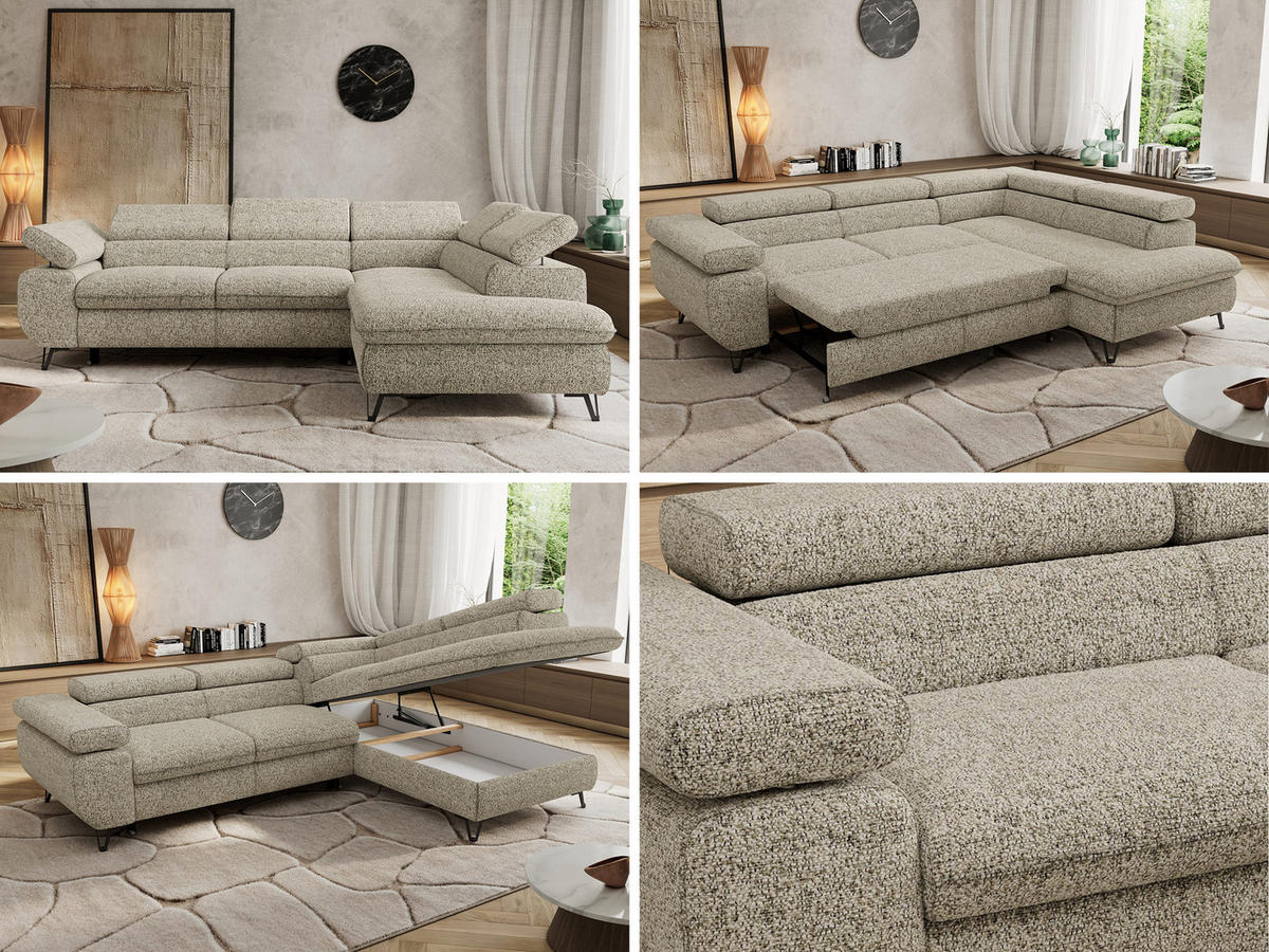 ECKSOFA PABLO L Beige Struktur - Rechts Seite mit Visco Topper - Beige/Schwarz, Textil/Metall (273/208cm) - MKS