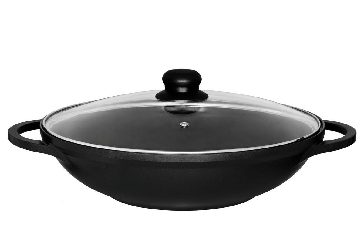 WOK mit Glasdeckel Ø 32 cm - Schwarz, Metall (32cm)