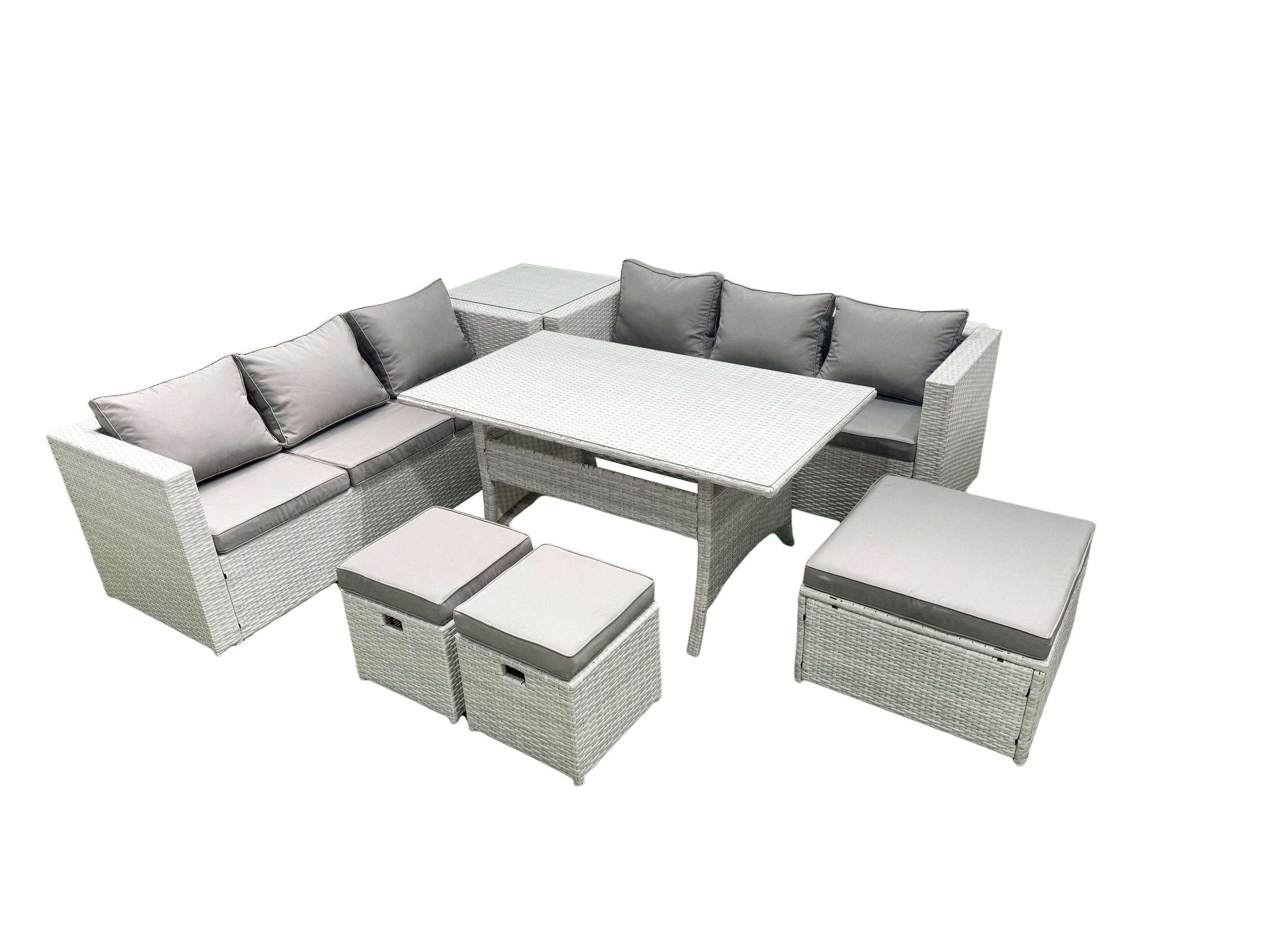 GARTENMÖBEL SET mit Esstisch,3 Hockern,Beistelltisch Polyrattan Hellgrau 9-Sitzer - Hellgrau/Grau, Glas/Kunststoff - Fimous