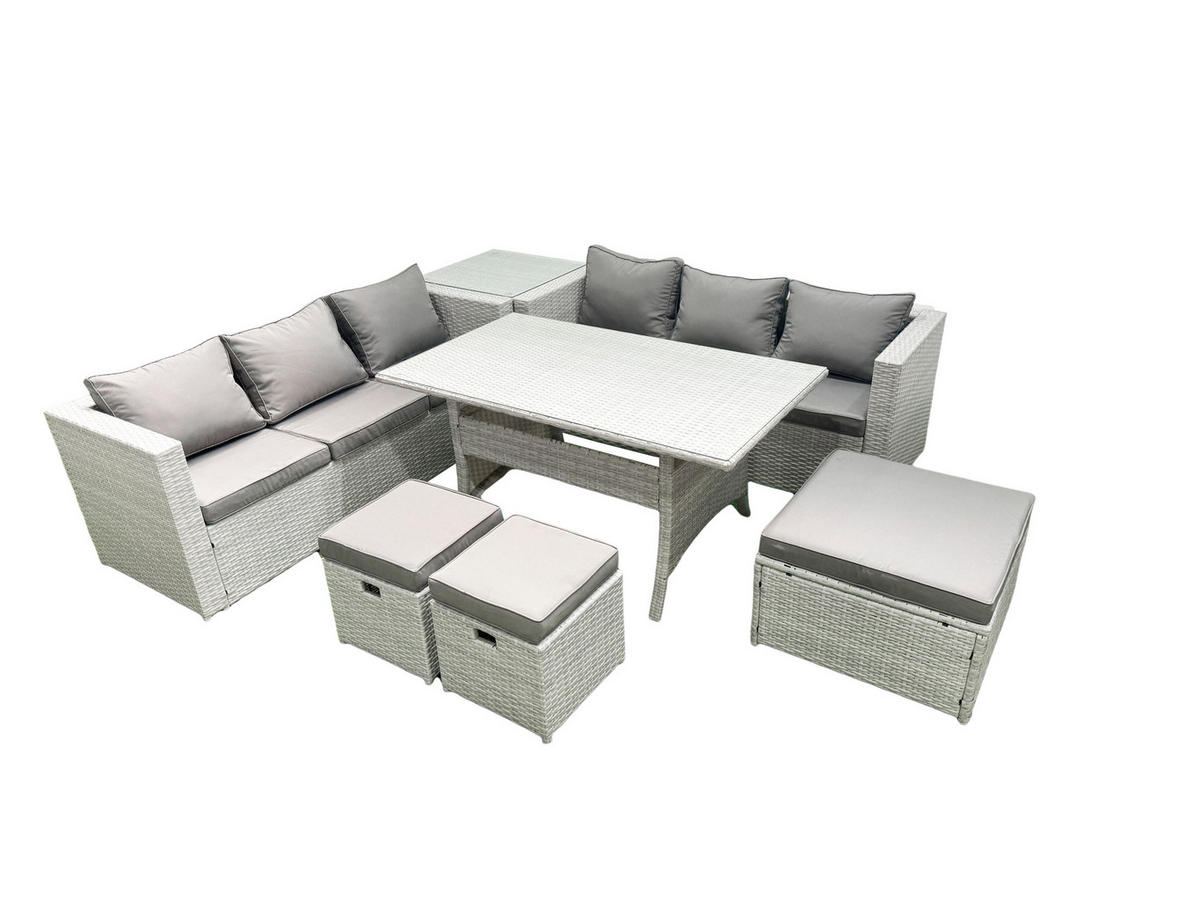 GARTENMÖBEL SET mit Esstisch,3 Hockern,Beistelltisch Polyrattan Hellgrau 9-Sitzer - Hellgrau/Grau, Glas/Kunststoff - Fimous