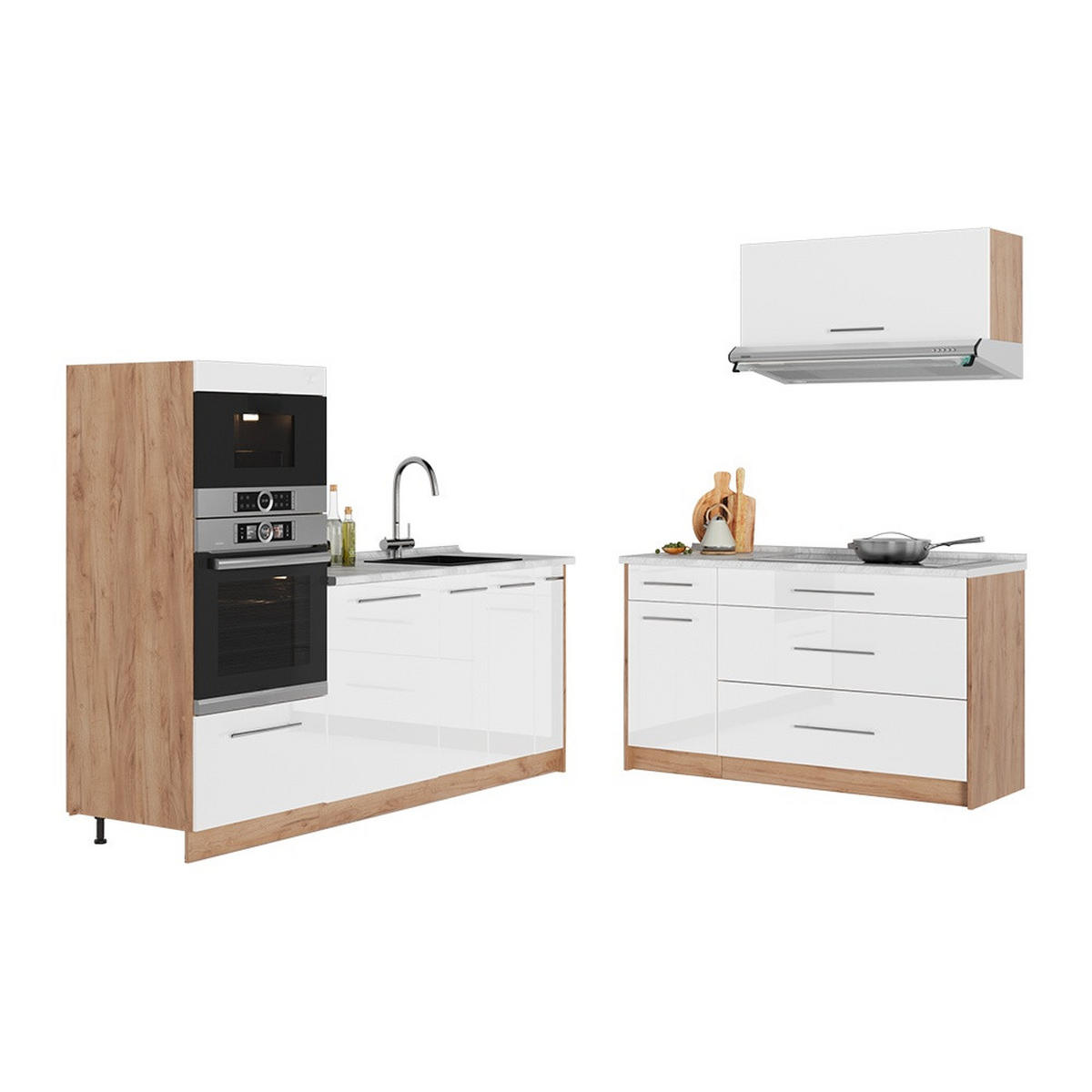 KÖK Fame-Line, Vit högblank/Goldkraft ek, 340 cm utan bänkskiva - Honungsek/Vit högglans, Träbaserade material (340/153.6/51.6cm) - Vicco