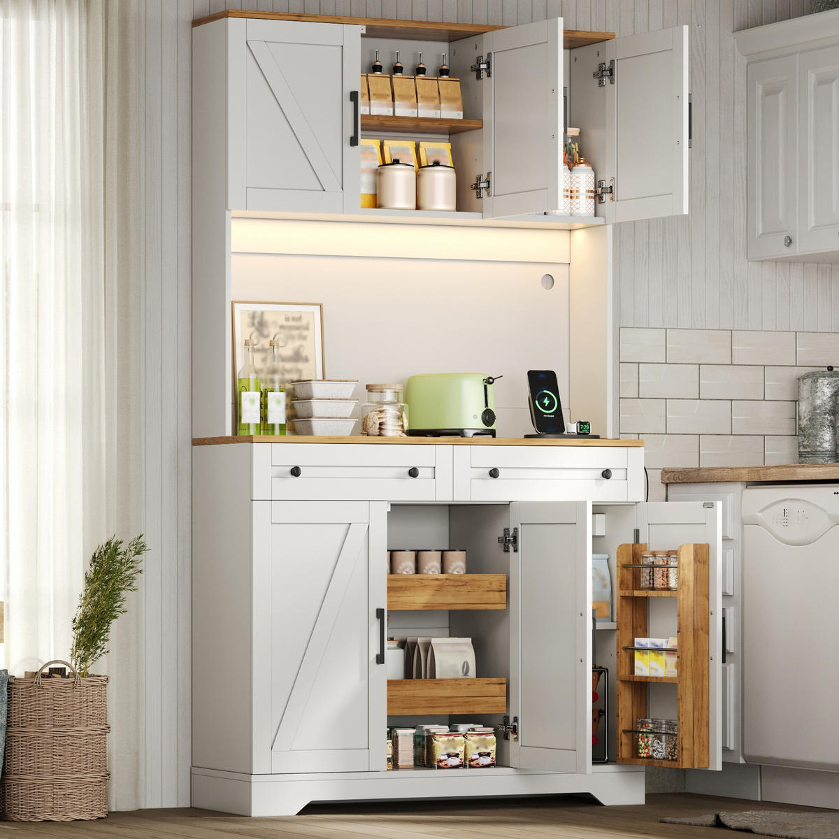 BUFFET DE-38733 100/40/180 cm LED-Beleuchtung und ausziehbarer Organizer Weiß - Weiß, Holzwerkstoff (100/180/40cm) - ComfortXL