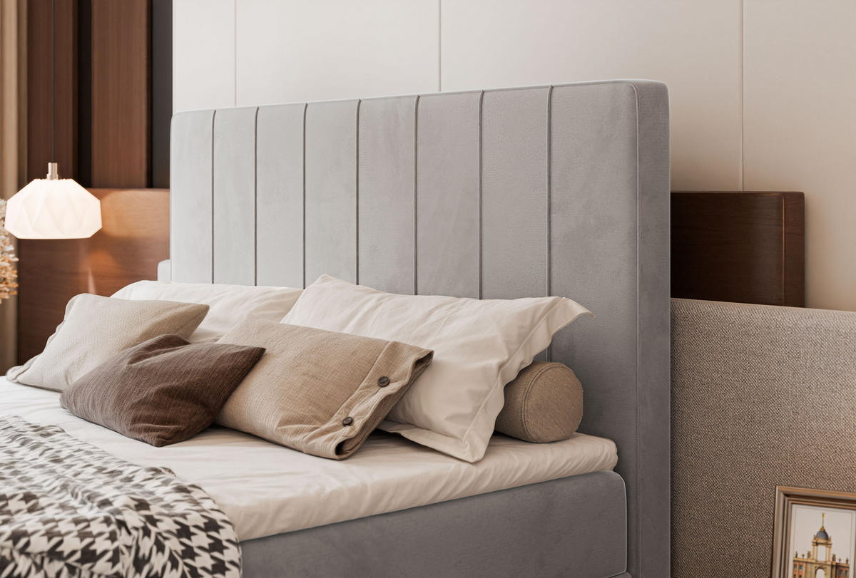 BOXBETT VERA 120x200 cm mit Matratze und Topper, Dichter wasserabweisender Samt Hellgrau - Hellgrau, Textil (120/200cm) - Idohome