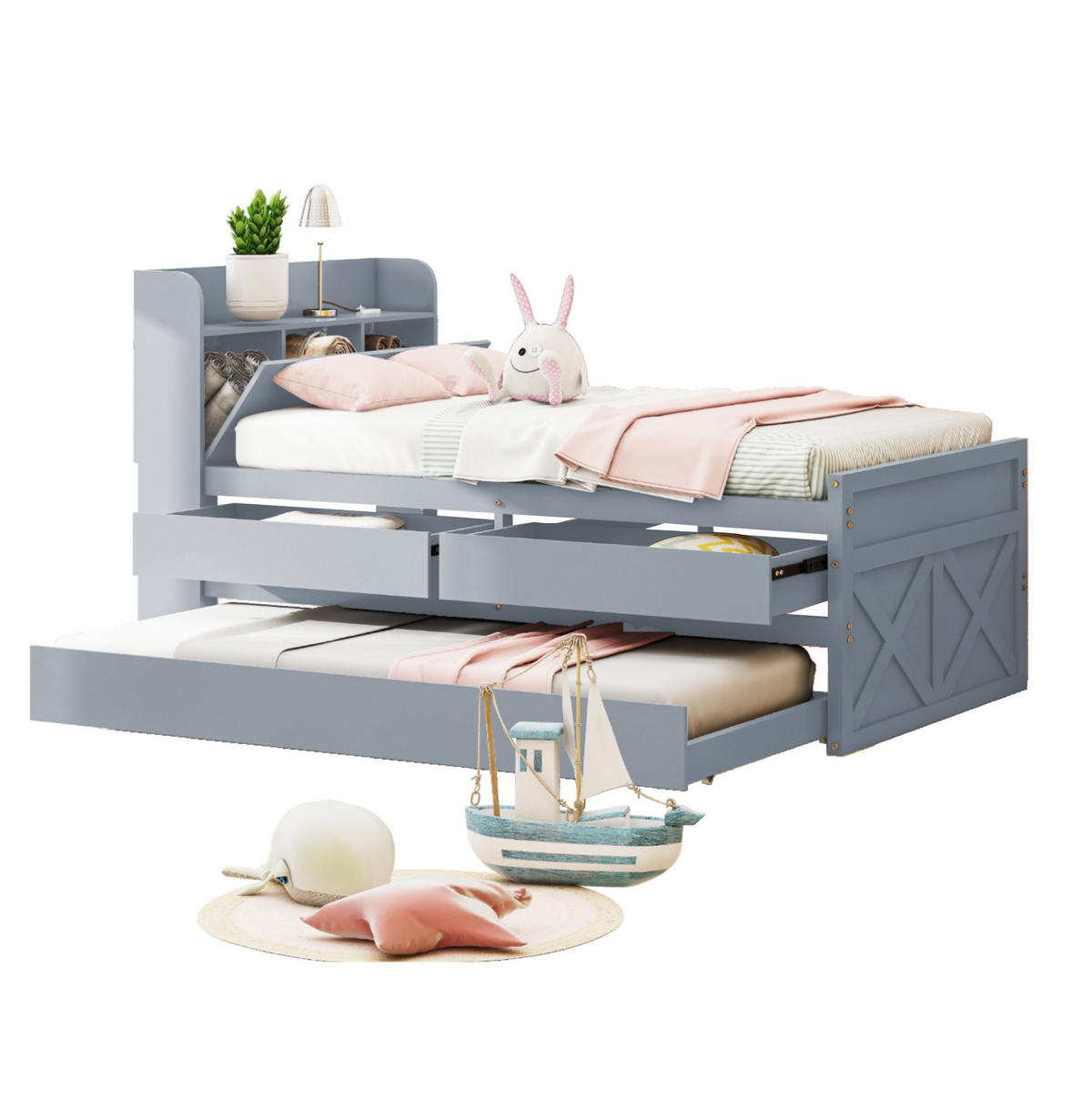HOLZBETT 90/190 cm in Grau – mit USB, Ausziehbett, 2 Schubladen & Lattenrost - Grau, Holz (90/200cm) - BEAOK