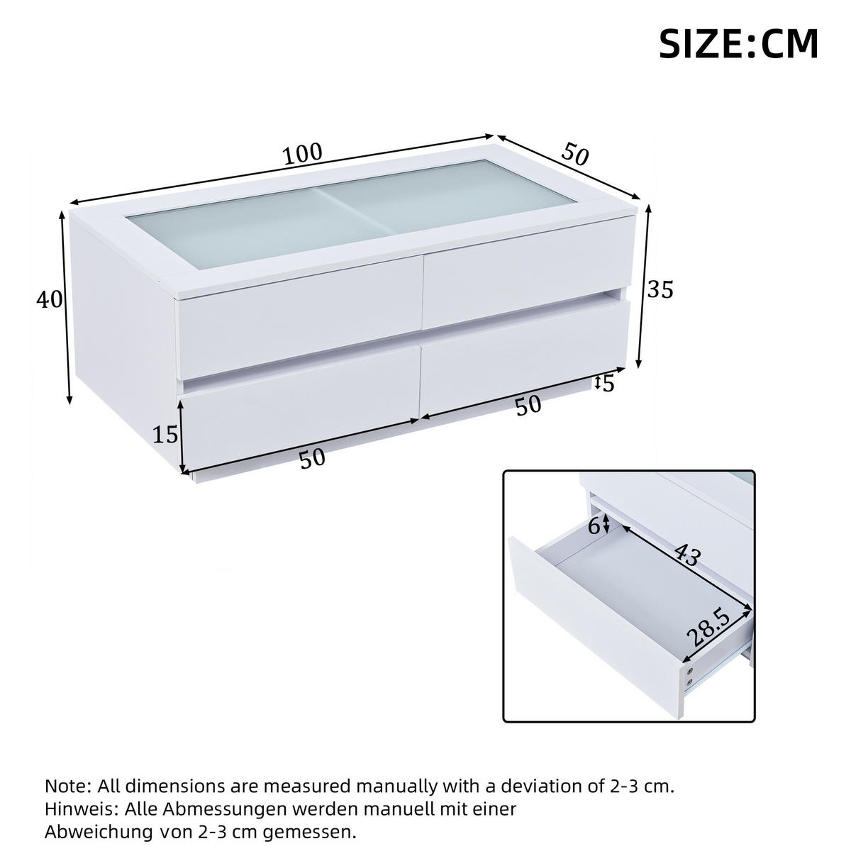 COUCHTISCH 100/50/40 cm weiß aus Spanplatte mit Glasplatte, 4 Schubladen und LED - Weiß, Holzwerkstoff (50/100/40cm) - OKWISH