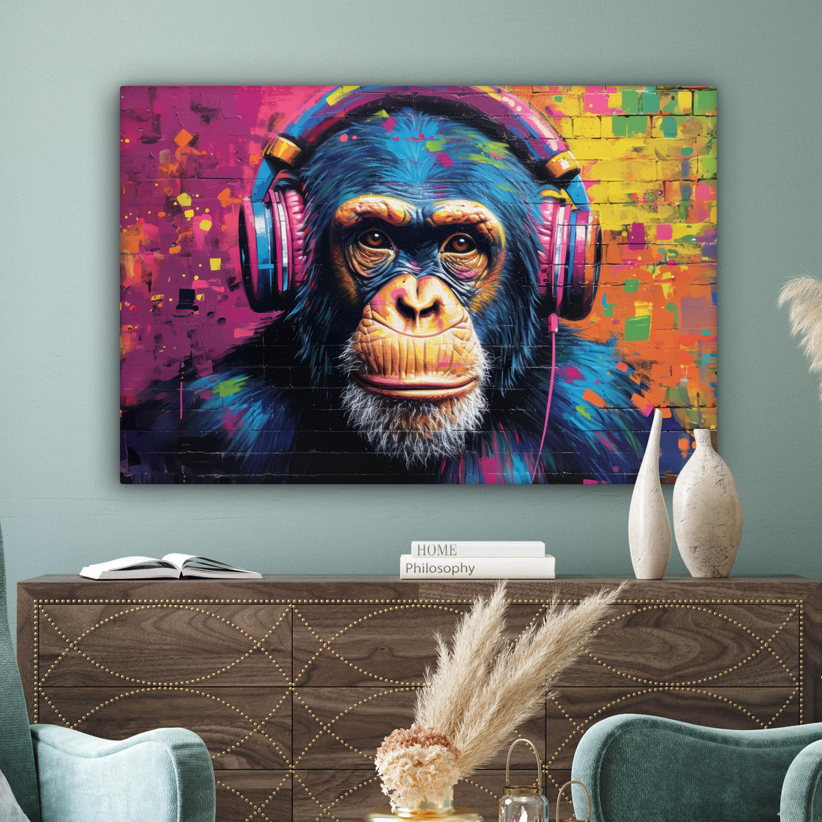 LEINWANDBILD Graffiti - Schimpanse - Straßenkunst - Kopfhörer - Affe Wohnzimmer Groß 120x80 cm - Blau, Textil (120/80cm) - MuchoWow