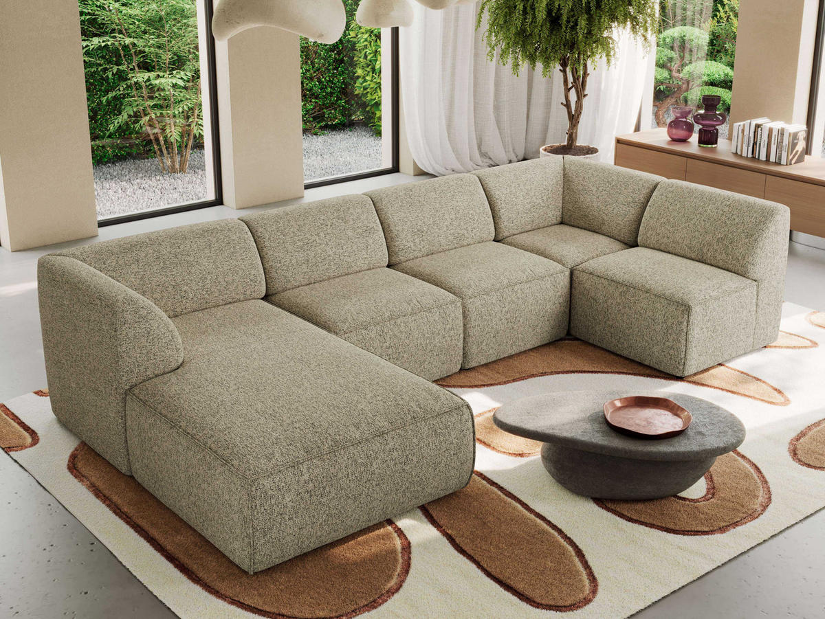 WOHNLANDSCHAFT MODARO U 5M - Dunkelbeige Struktur - Links - Schwarz/Cappuccino, Textil (180/78/345cm) - MKS