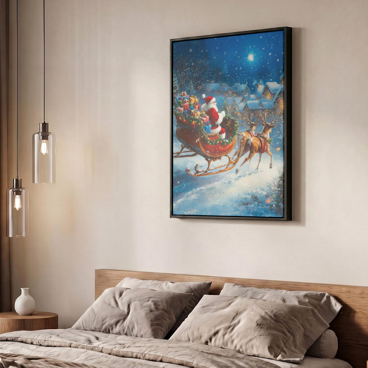 LEINWAND Bilder mit Rahmen - Weihnachtsmann - Rentier - Weihnachten - Schnee - 60x80 - Cognac, Textil (60/80cm) - MuchoWow