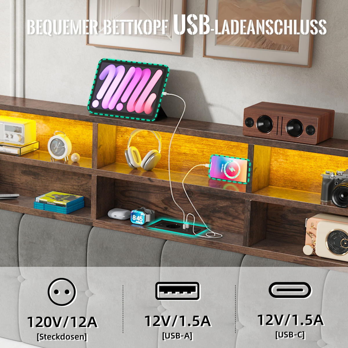 ČALOUNĚNÁ postel 160/200 cm s LED osvětlením, USB-C a hydraulickým úložným prostorem, tmavě šedá - tmavě šedá, kov (160/200cm) - Redom