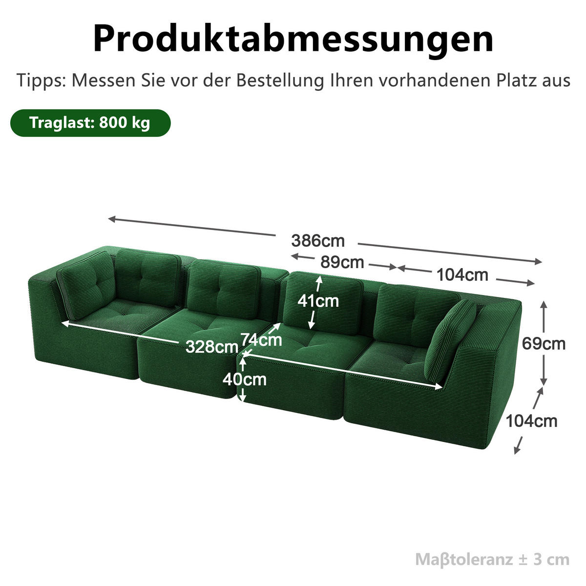 4-SITZER-SOFA DE-34220 mit Tiefsitz Grün - Grün, Textil (104/69/386cm) - ComfortXL