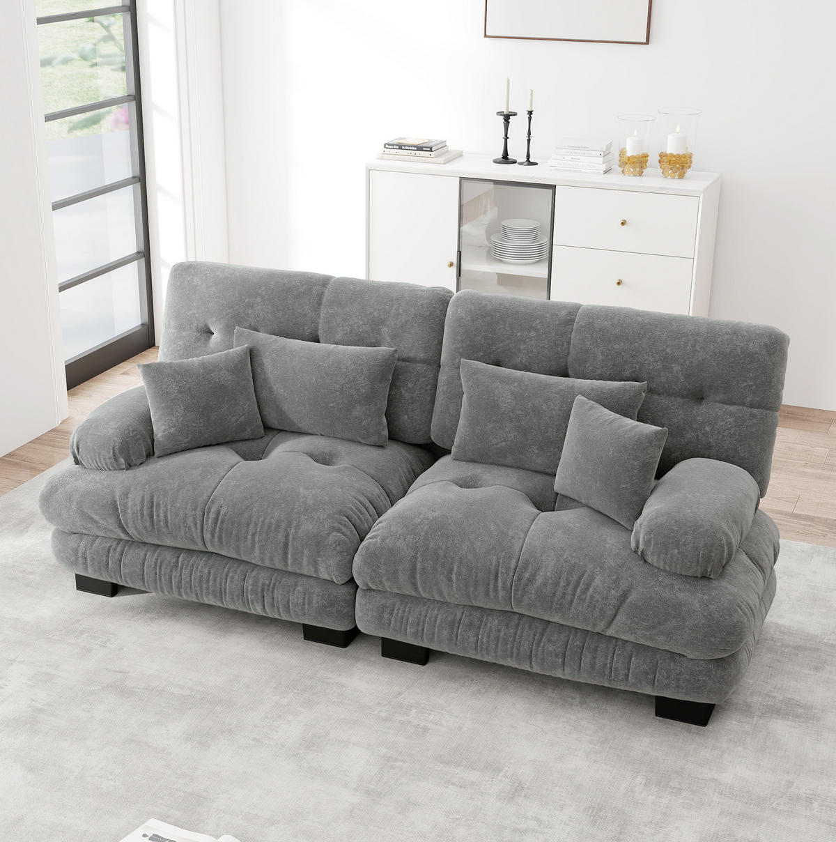 ECKSOFA modular mit Zierkissen und Lendenkissen, Chenille Grau - Grau, Textil (220/77cm) - Redom