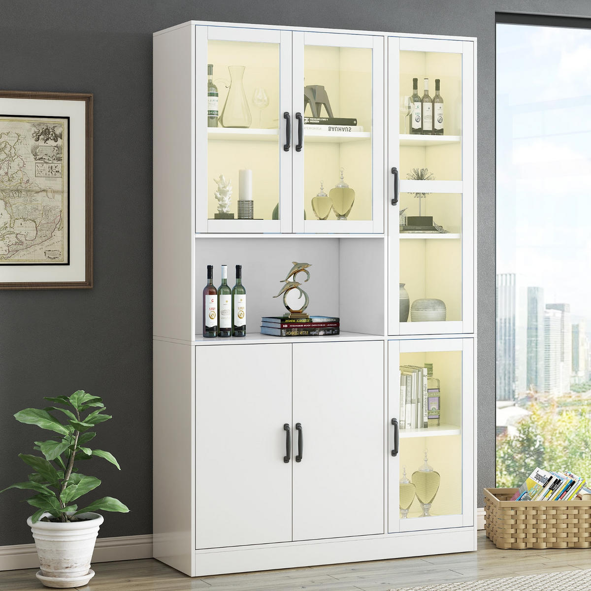 KÜCHENSCHRANK 120/200/40 cm, MDF und Glas, Weiß, MIT LED-BELEUCHTUNG, für Wohnzimmer und Esszimmer - Weiß, Holzwerkstoff (40/200/120cm) - Rolipo
