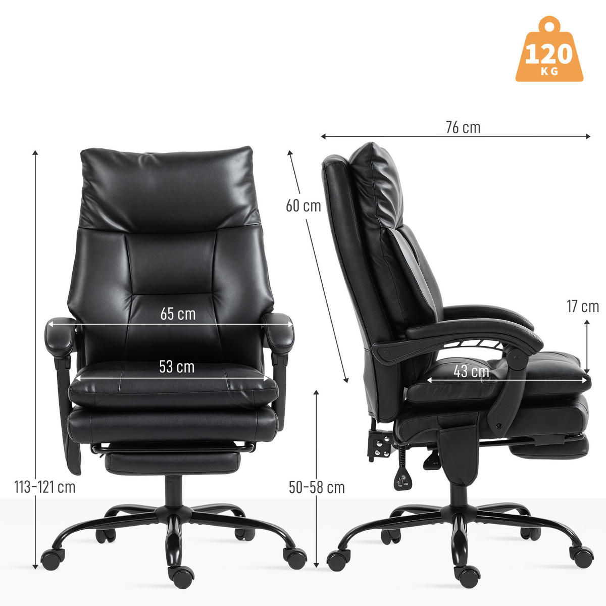 CHEFSESSEL DE-11869 mit aufblasbarer Lordosenstütze Schwarz - Schwarz, Metall (65/121/76cm) - ComfortXL